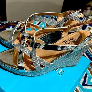 Dominique Nicole sparkling silver size 8 wedge heels